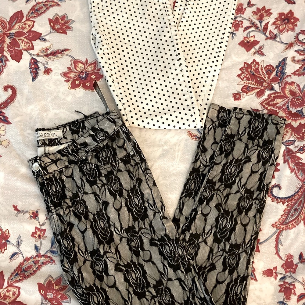 2PR: 1pr of NEW Black  Lace over white 1pr gently worn white w/ black polka dots